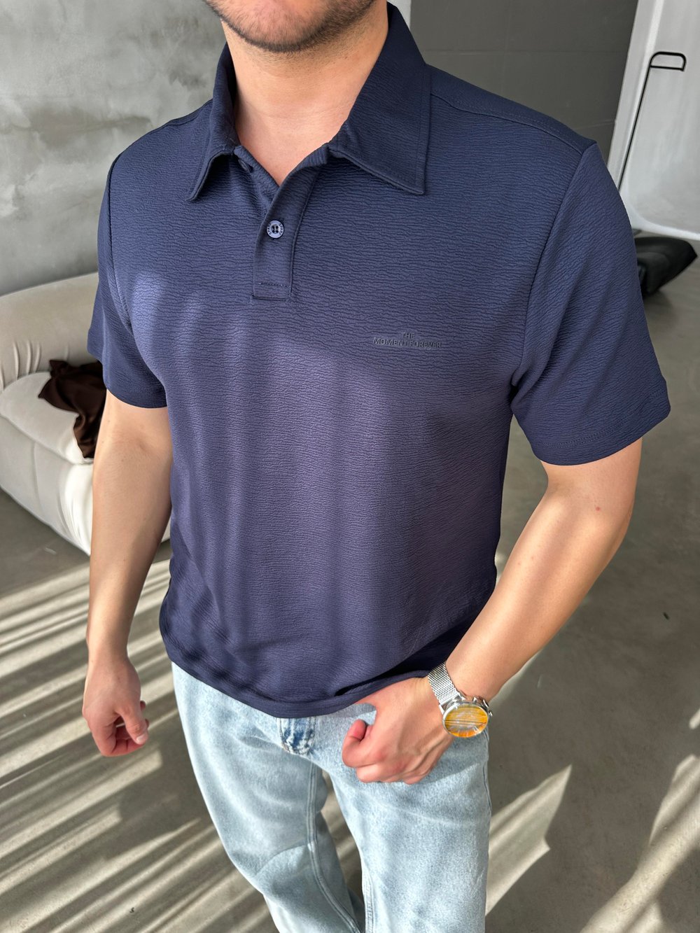 Lacivert Oysho Minimal Baskılı Polo Yaka