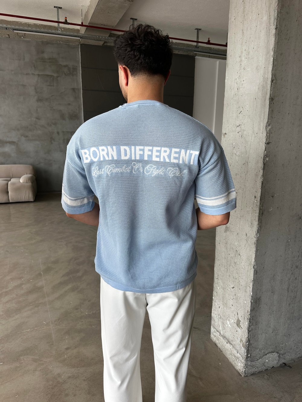 Mavi Born Nakışlı Örme Kısa Kol T-Shirt