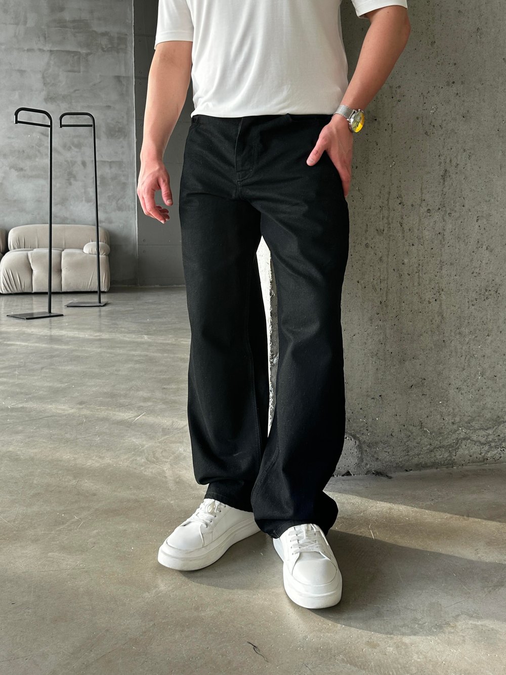 Siyah GG Baggy Fit Kot Pantolon