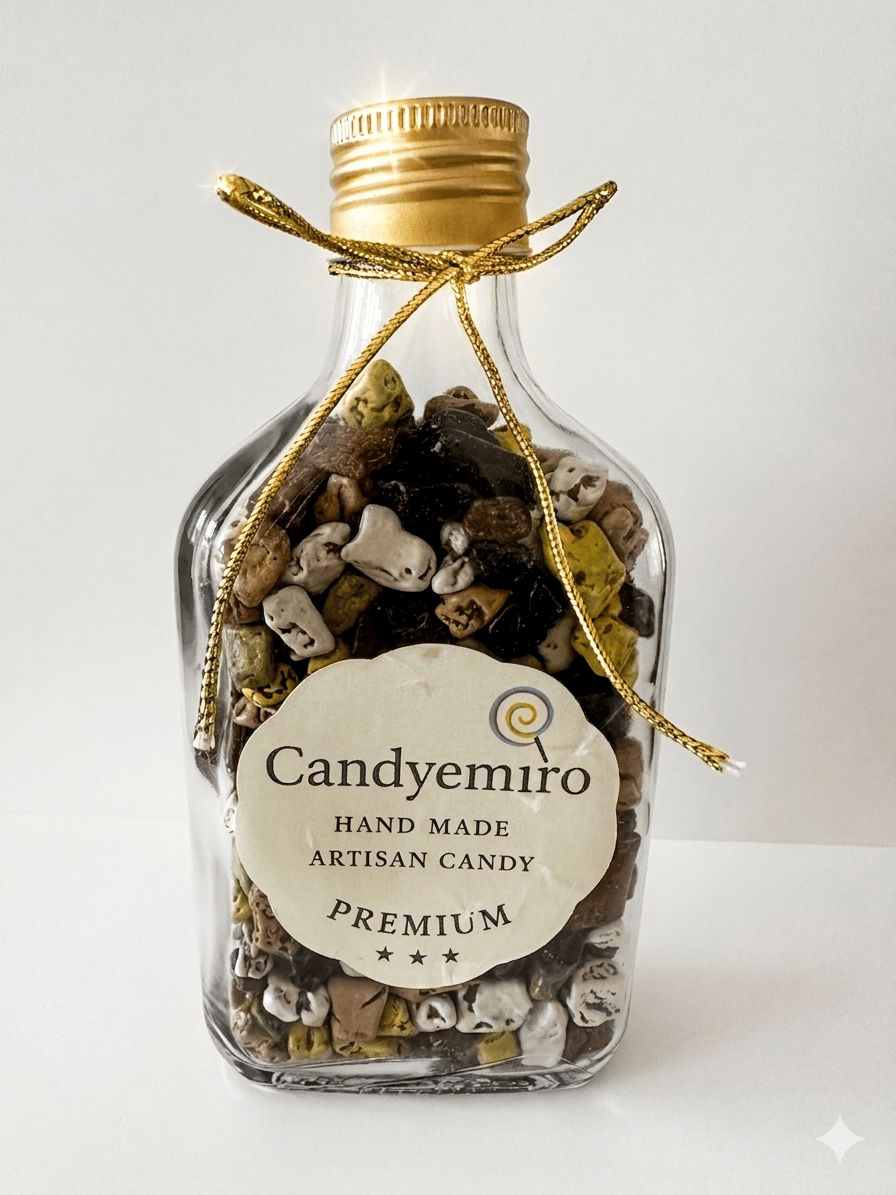 Candyemiro Safir Serisi: Artisan El Yapımı Çakıl Taşı Çikolata Şişesi