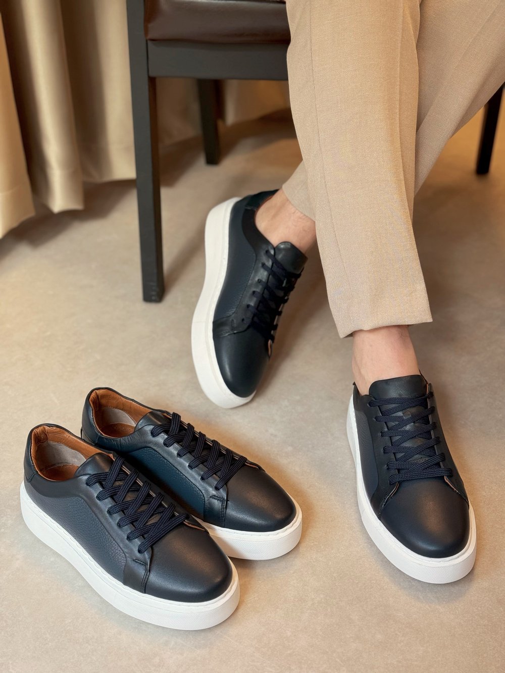 Mario Lacivert Hakiki Deri Erkek Sneaker