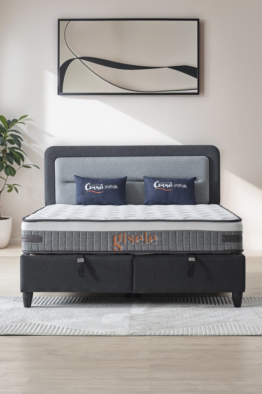 Cennet Yatak Gisele Modeli Full Ortopedik Çift Kişilik Pedli Yataklı Baza ve Başlık Takımı 3 lü Set