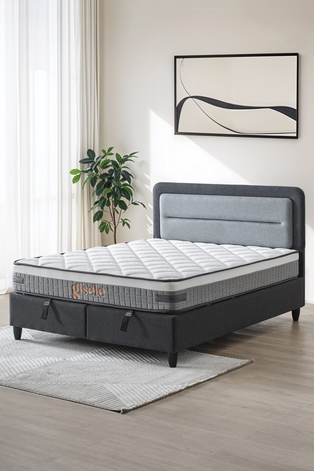 Cennet Yatak Gisele Modeli Full Ortopedik Çift Kişilik Pedli Yataklı Baza ve Başlık Takımı 3 lü Set