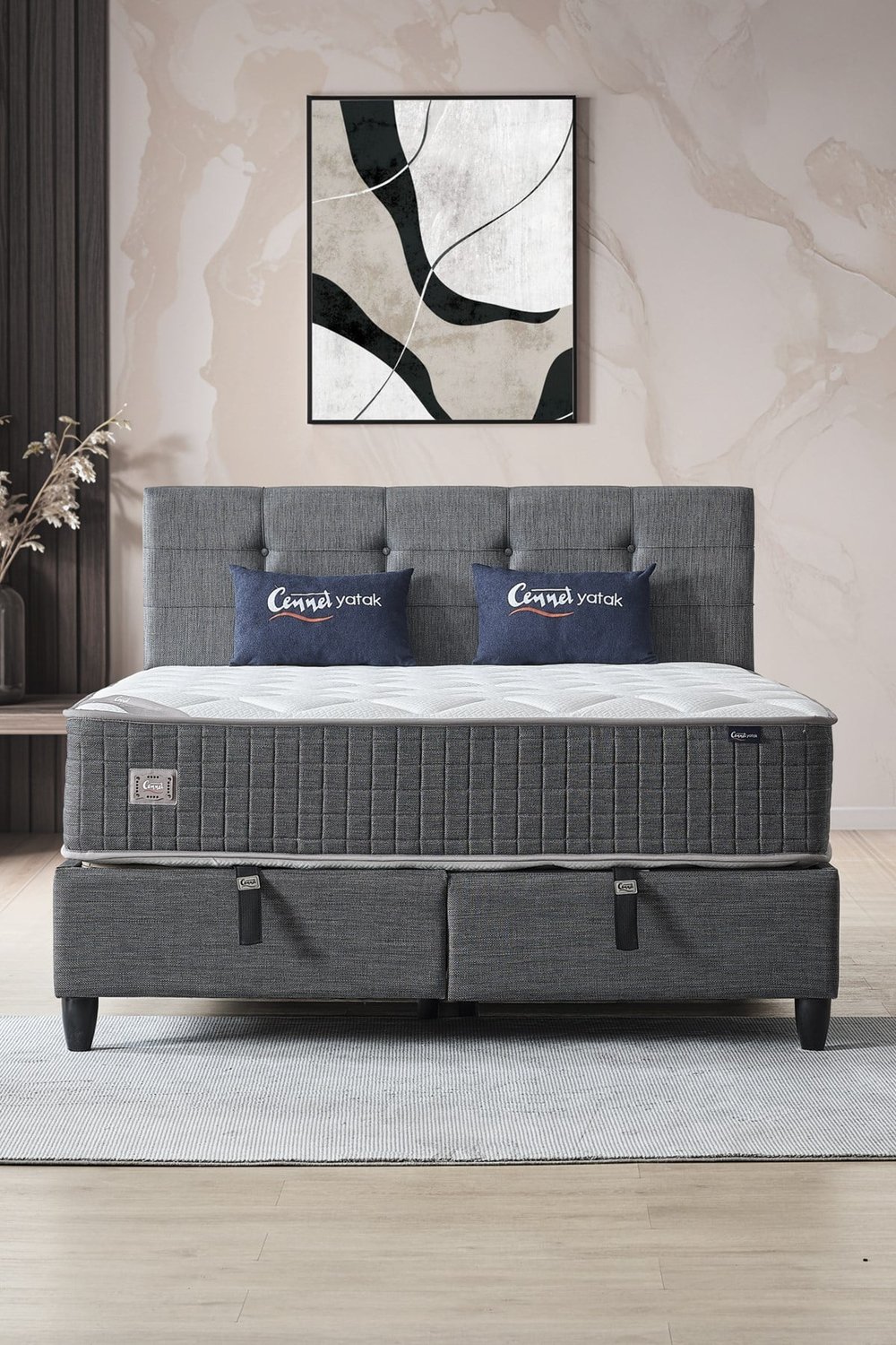 Cennet Yatak Mimoza Modeli Çift Kişilik Full Ortopedik Yataklı Sandıklı Baza ve Başlık Takımı 3 lü Set
