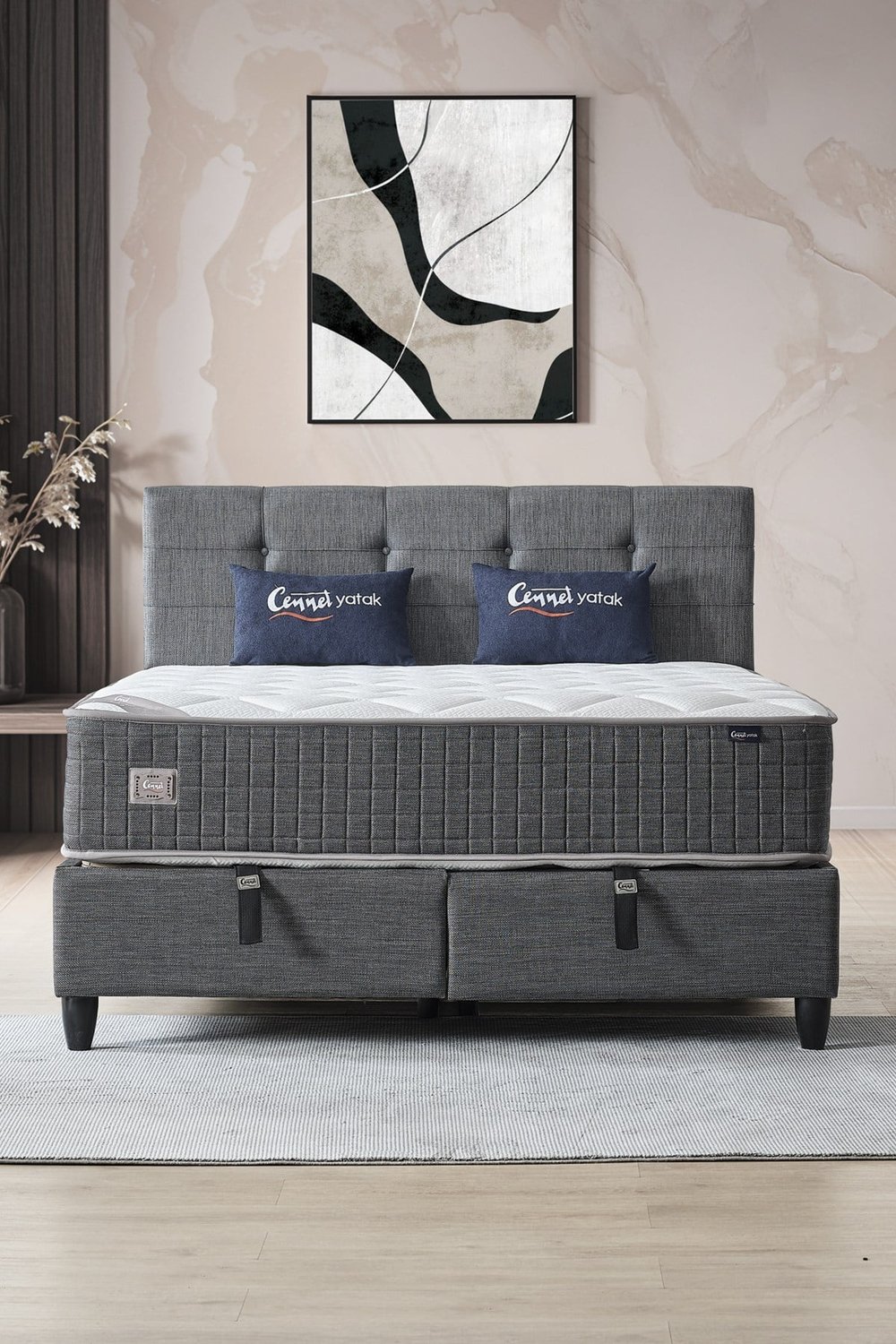 Cennet Yatak Mimoza Modeli Çift Kişilik Full Ortopedik Yataklı Sandıklı Baza ve Başlık Takımı 3 lü Set