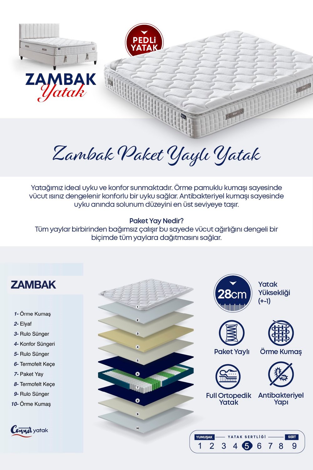 Cennet Yatak Zambak Modeli Çift Kişilik Pedli Paket Yaylı Full Ortopedik Antibakteriyel Yatak
