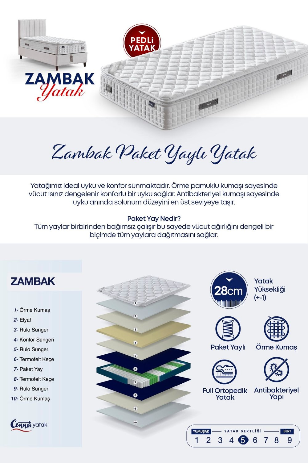 Cennet Yatak Zambak Tek Kişilik Sandıklı Baza + Full Ortopedik Antibakteriyel Pedli Yatak + Başlık 3 lü Set