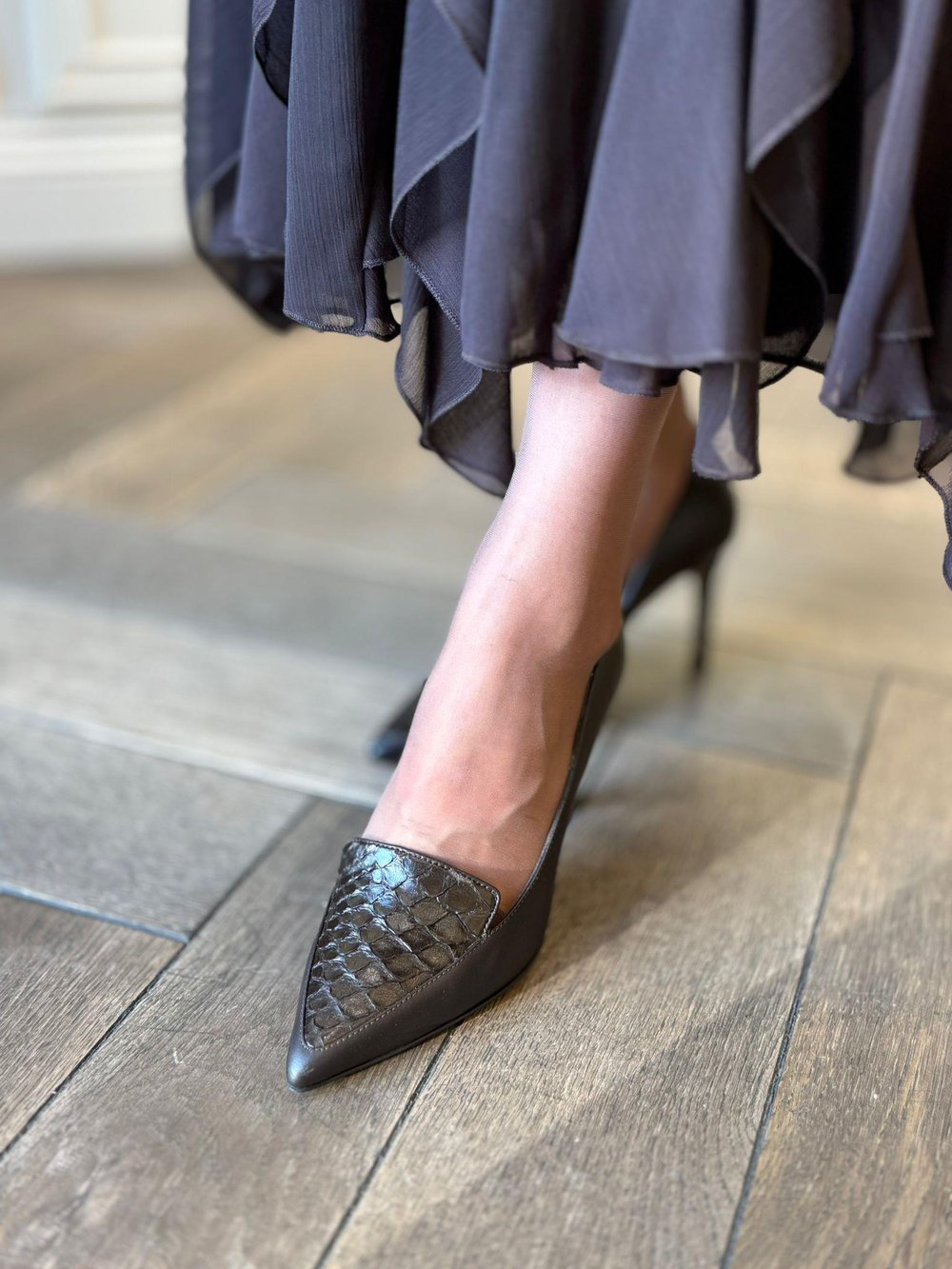 Kendinden Desenli %100 Hakiki Deri Stiletto Acı Kahve