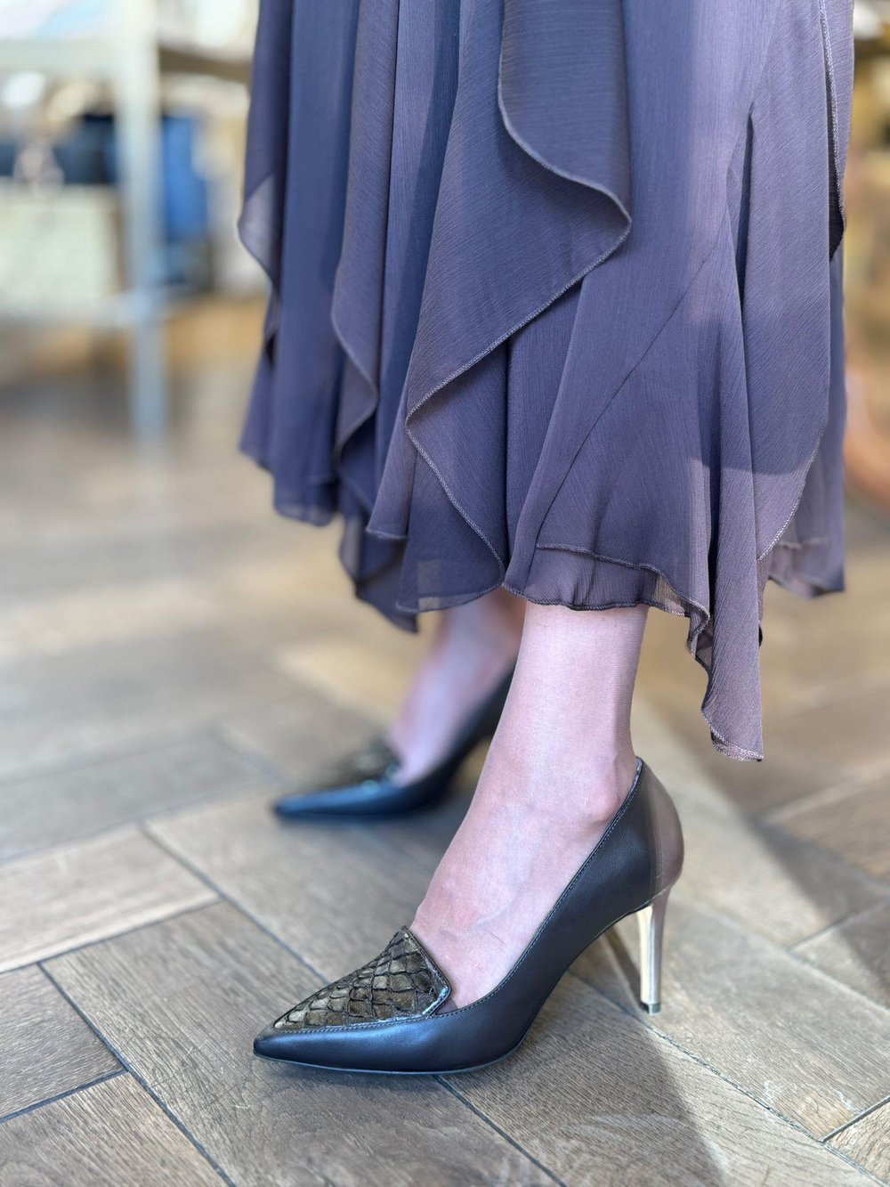 Kendinden Desenli %100 Hakiki Deri Stiletto Acı Kahve
