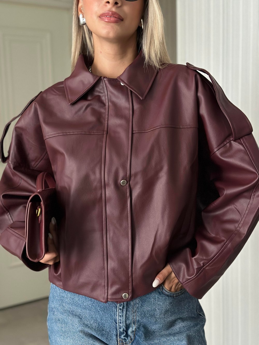 BORDO SUNİ DERİ OVERSİZE CEKET