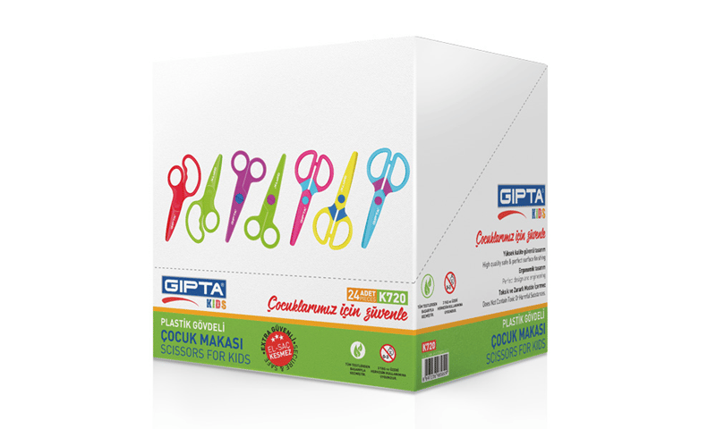 GIPTA ÇOCUK MAKASI KÜT UÇ PLASTİK GÖVDE 7 RENK K720 24 lü