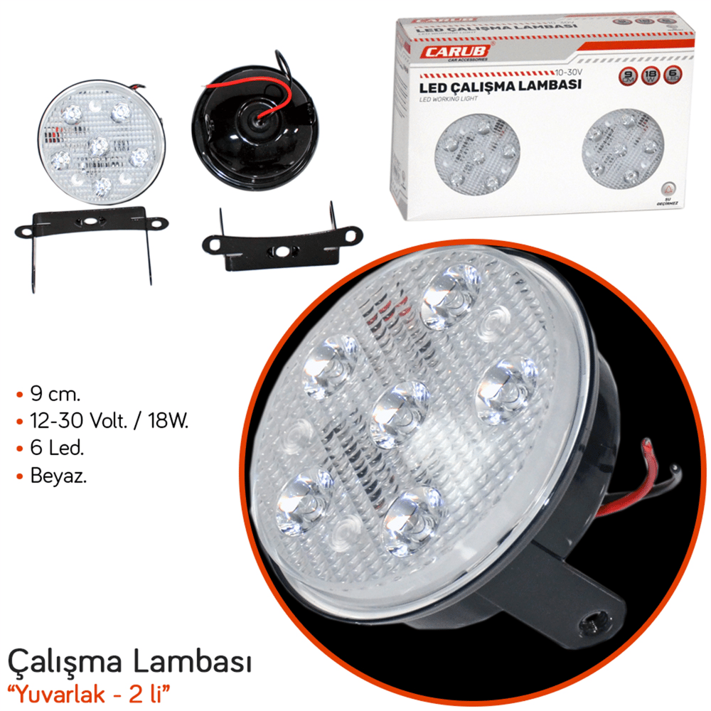 Carub 10-30V Çalışma Lambası Yuvarlak 6 Led 18W 9 cm Beyaz BR3010685