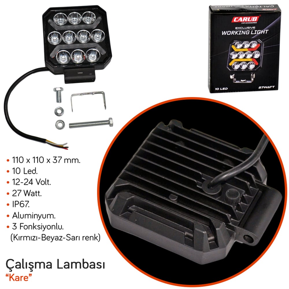 Carub 12-24V Çalışma Lambası Kare 10 Led 27W 3 Fonksiyonlu 110x110x37mm BR3010581