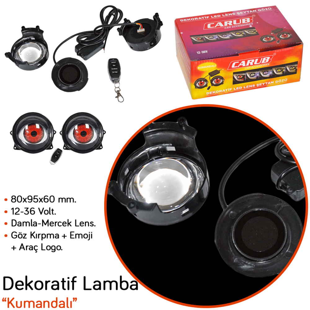 Carub 12-36V Dekoratif Lamba Led Göz+Emoji+Logo 33 Lens Kumandalı 80x95x60 mm BR3010608