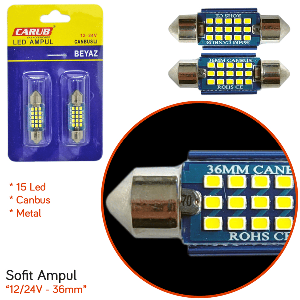 Carub 12V-24V Sofit Ampul 36 mm 15 Led Canbus Metal Beyaz BR0402243