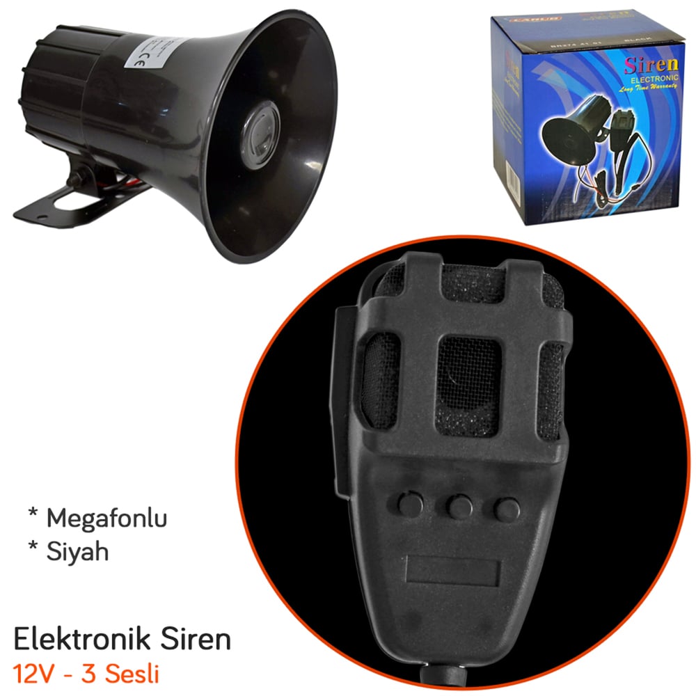 Carub 12V Elektronik Siren 3 Sesli Mikrofonlu Siyah BR2744101