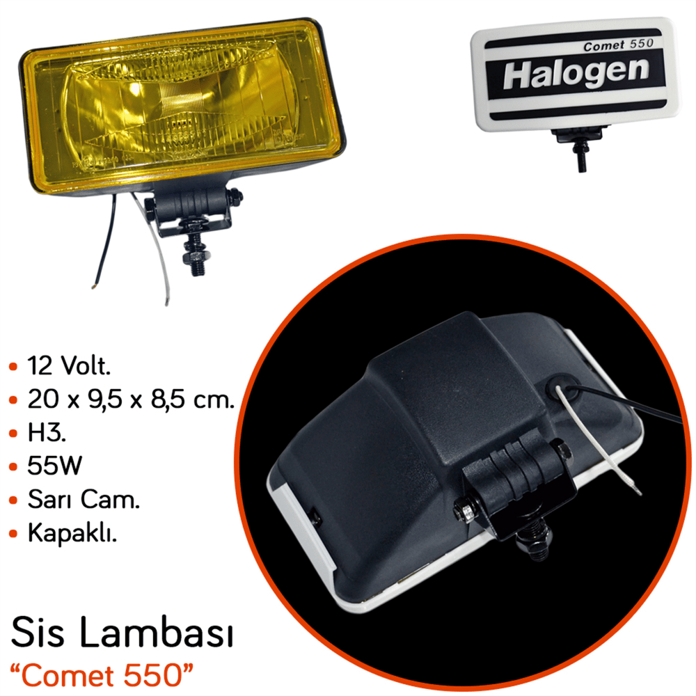 Carub 12V Sis Lambası Comet 550 Dikdörtgen 20x9,5x8,5 cm Kapaklı Sarı Cam BR3009554