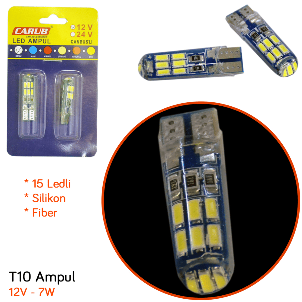 Carub 12V T10 Ampul 15 Led 7W SMD Silikon Fiber Canbus Beyaz BR0405543