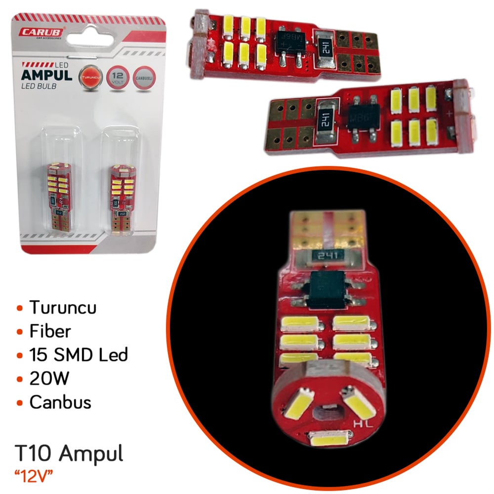 Carub 12V T10 Ampul 20W 15 SMD Led Canbus Fiber Turuncu BR0405545