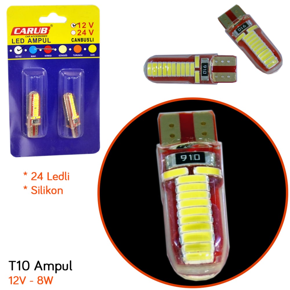 Carub 12V T10 Ampul 24 Led 8W SMD Silikon Beyaz BR0405541