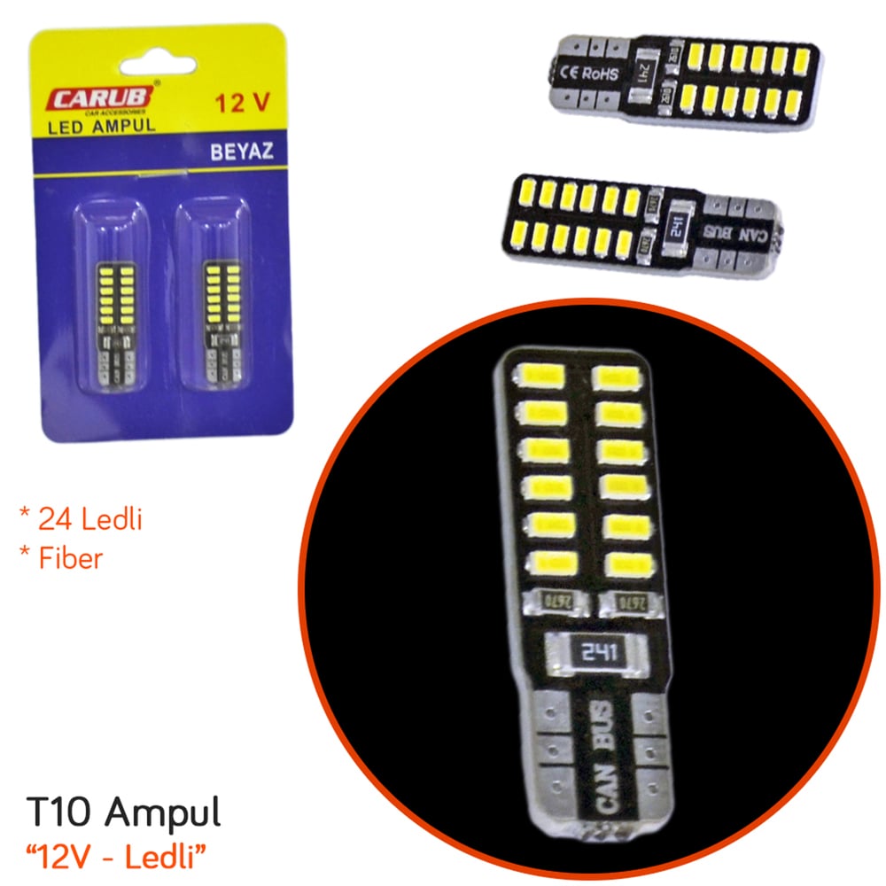 Carub 12V T10 Ampul 24 Led SMD Fiber Beyaz BR0405535