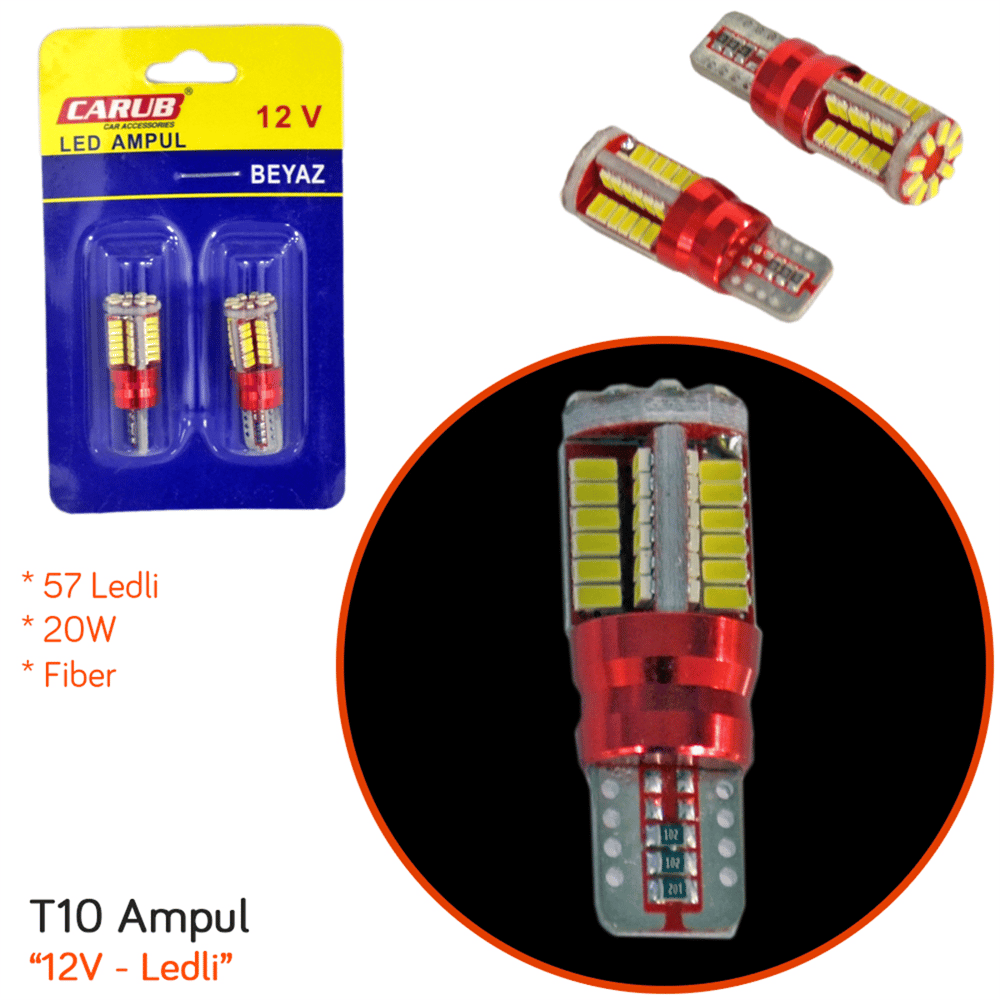 Carub 12V T10 Ampul 57 Led 20W SMD Canbus Fiber Beyaz BR0405562