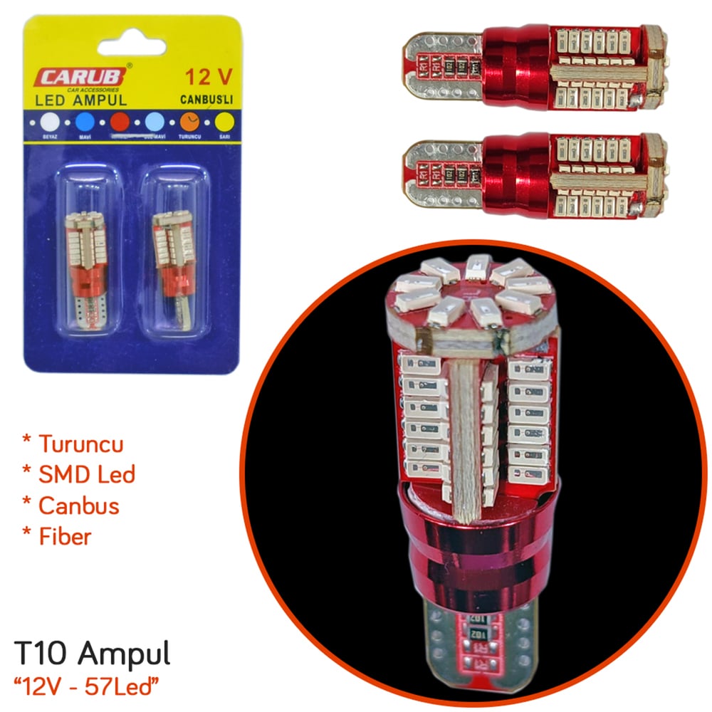 Carub 12V T10 Ampul 57 Led SMD Fiber Canbus Turuncu BR0405563