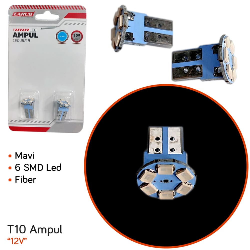 Carub 12V T10 Ampul 6 SMD Led Fiber Mavi BR0400208