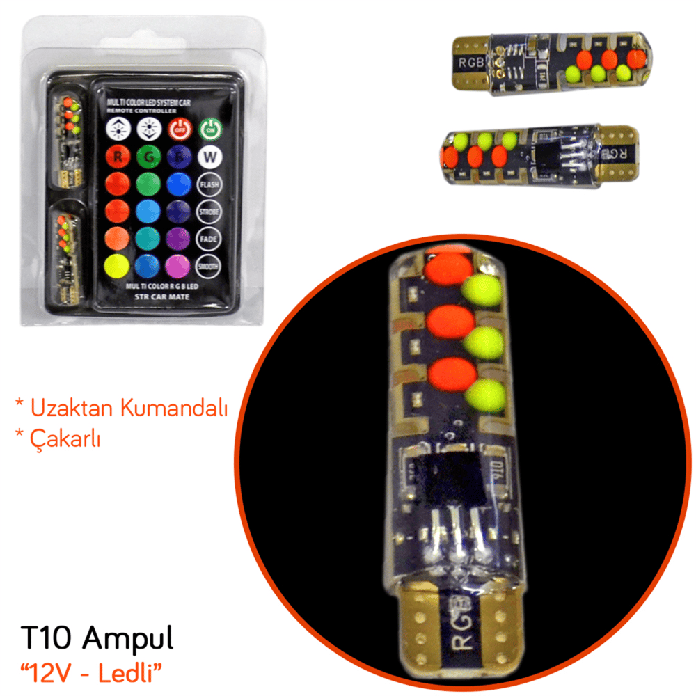 Carub 12V T10 Ampul Çakarlı Kumandalı RGB Yeni Nesil BR0400252
