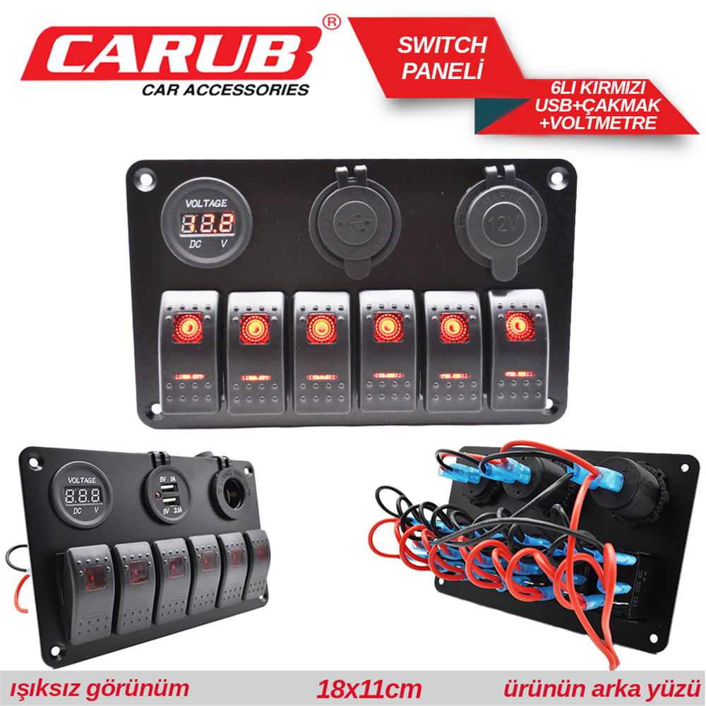 Carub Anahtar Switch Paneli 6 lı Voltmetre + USB + Çakmak Kırmızı Işıklı 18x11 cm BR4630153