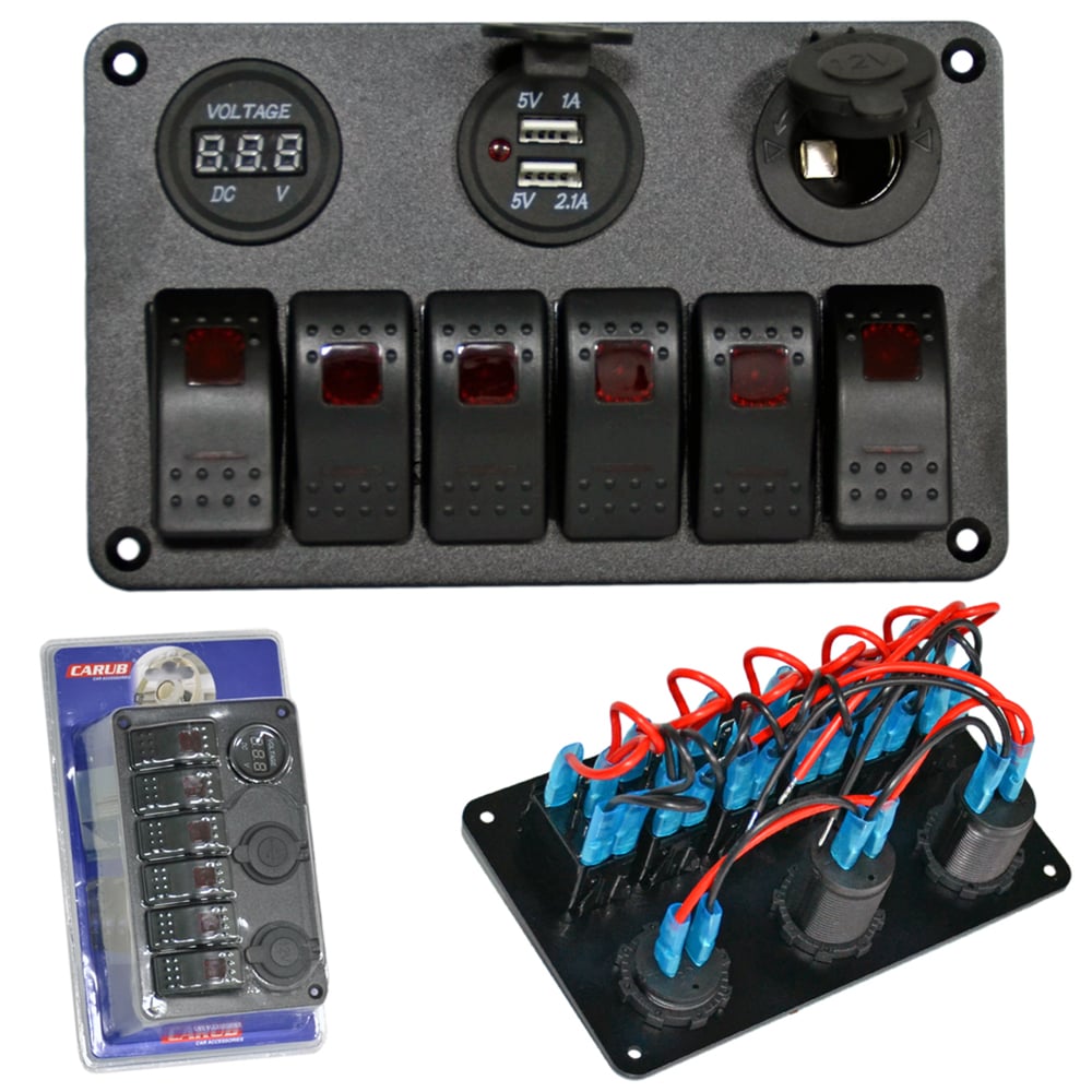 Carub Anahtar Switch Paneli 6 lı Voltmetre + USB + Çakmak Kırmızı Işıklı 18x11 cm BR4630153