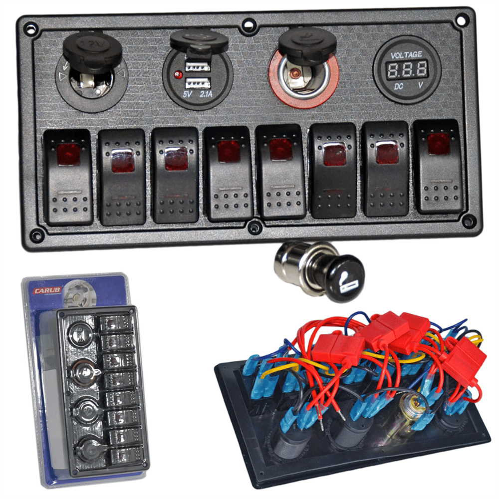 Carub Anahtar Switch Paneli 8 lı Voltmetre + USB + Çakmak Kırmızı Işıklı 23,5x12 cm BR4630155