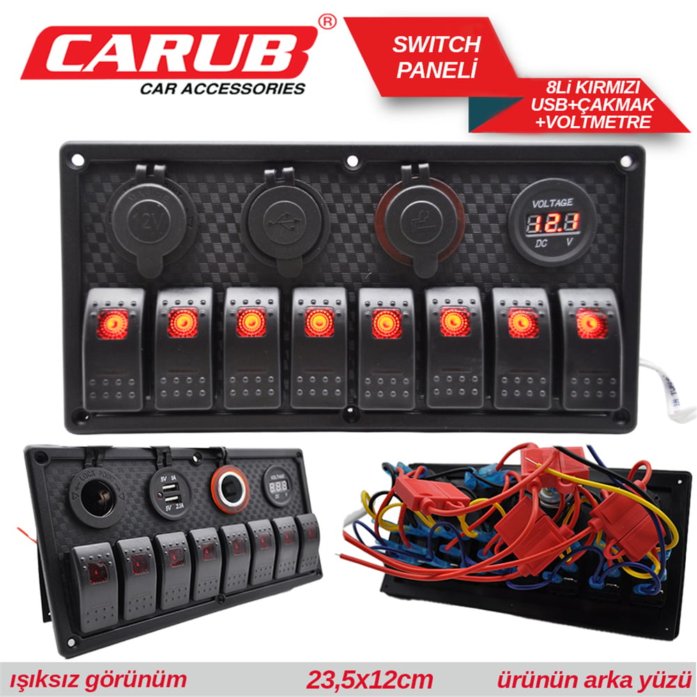 Carub Anahtar Switch Paneli 8 lı Voltmetre + USB + Çakmak Kırmızı Işıklı 23,5x12 cm BR4630155