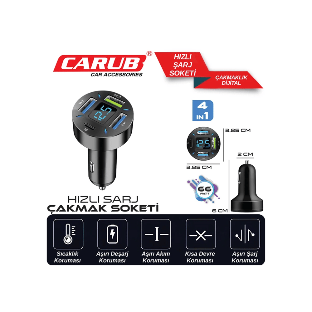 Carub Araç Çakmak Hızlı Şarj Soketi Dijital 4in1 66W BR5901848