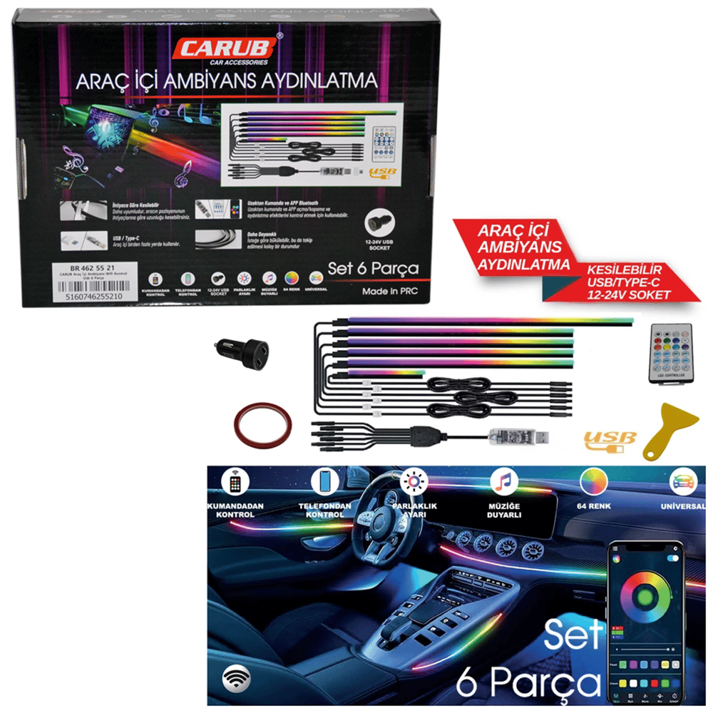 Carub Araç İçi Ambiyans Aydınlatma Wifi Kontrol 12-24V USB 6 Parça BR4625521