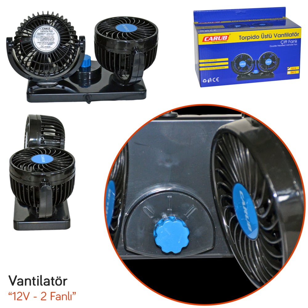 Carub Oto Vantilatör 12V 4 inç 6,5W Torpido Üstü İkili Fan Ayarlı BR6400607