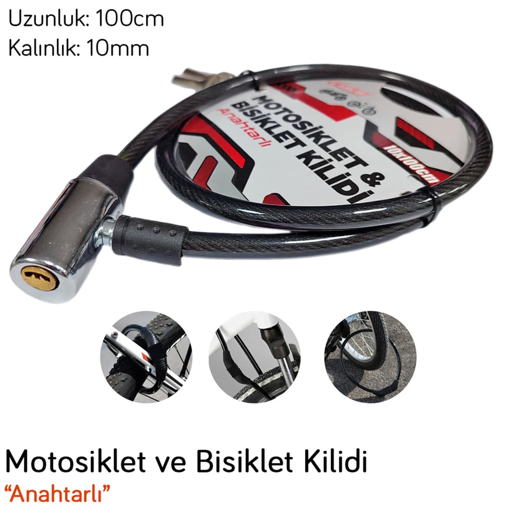 Carub Bisiklet ve Motosiklet Kilidi Anahtarlı 10x100 cm BR1740109
