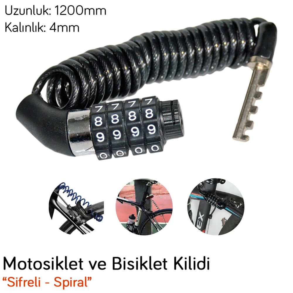 Carub Bisiklet ve Motosiklet Kilidi Spiralli Şifreli 4x1200 mm BR1740108
