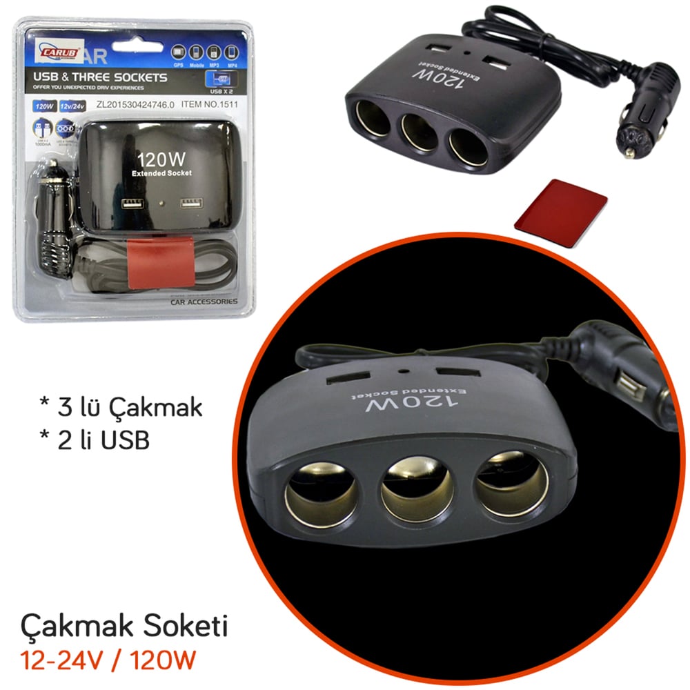 Carub Çakmak Soketi 3 lü Kablolu 2 USB li 12-24V BR1702103