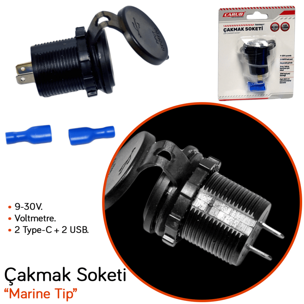 Carub Çakmak Soketi 9-30V Marine Tip Voltmetre + 2 Type-C + 2 USB BR1700817