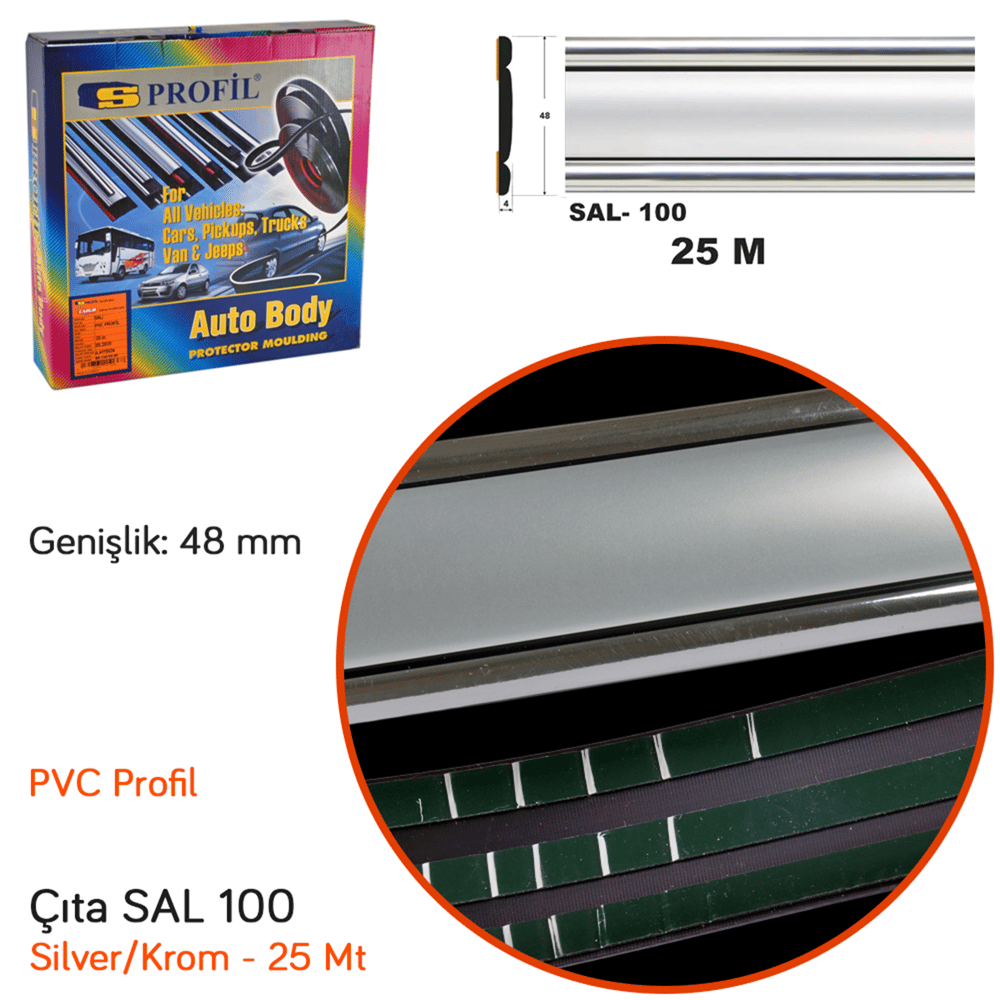 Carub Çıta SAL 100 48 mm x 25 mt Silver Kenarlar Krom BR1509900