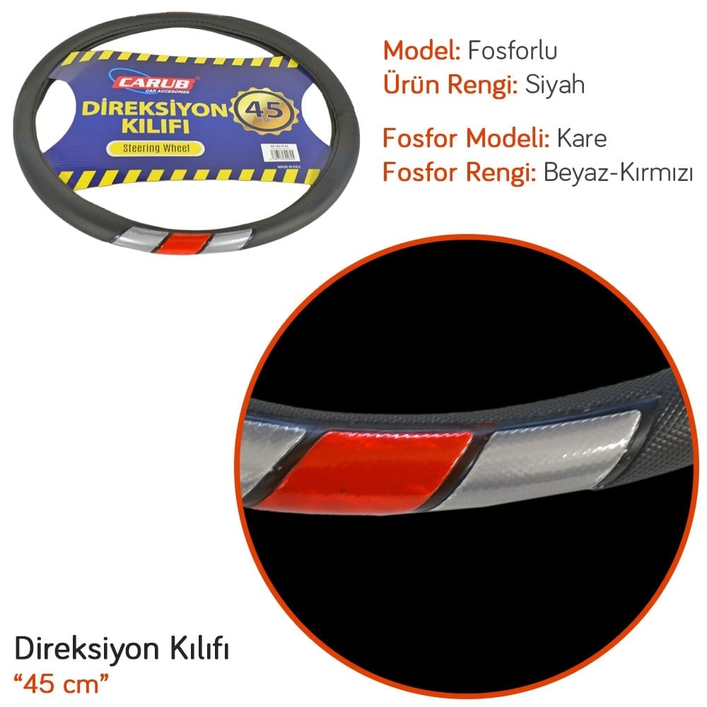 Carub Geçmeli Direksiyon Kılıfı Fosforlu Siyah (Sedef-Kırmızı) 45 cm BR1830264