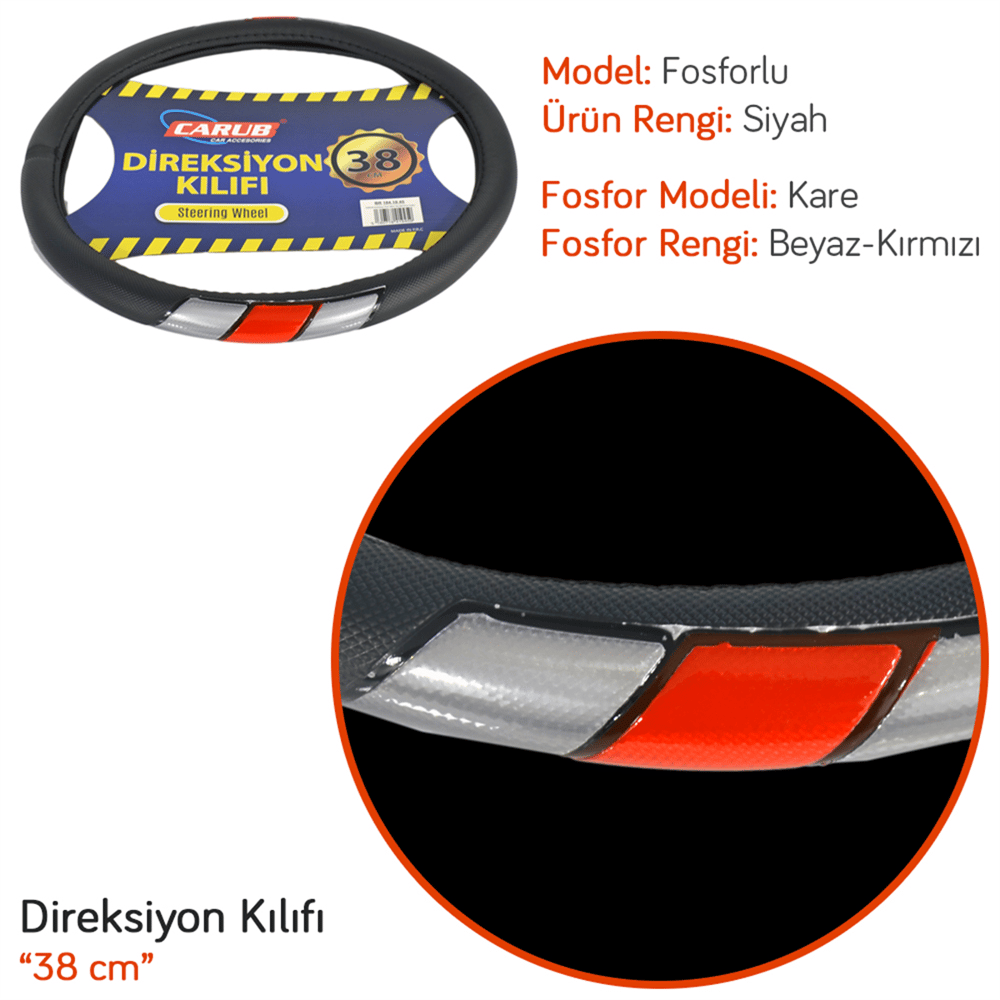 Carub Geçmeli Direksiyon Kılıfı Fosforlu Siyah (Sedef-Kırmızı) 38 cm BR1841945