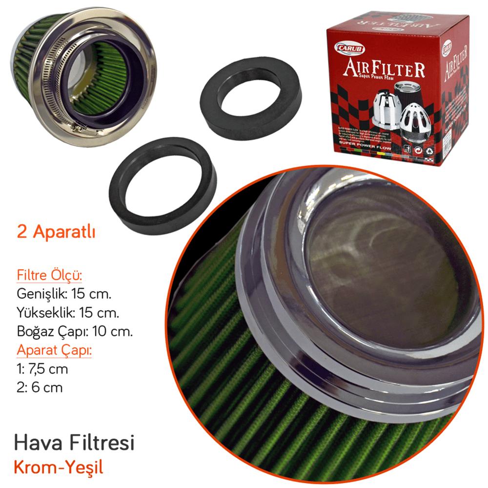 Carub Hava Filtresi Tuning Krom-Yeşil 15cmx15,5cm (Giriş 2 Aparatlı) BR4686302