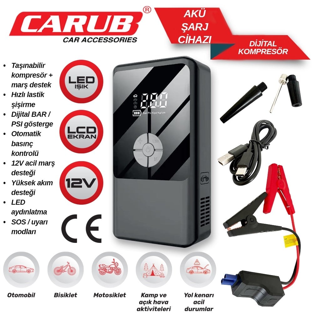 Carub Hava Kompresörü Dijital Işıklı Acil Durum Marş Destekli (Akü Takviyeli) BR0470350