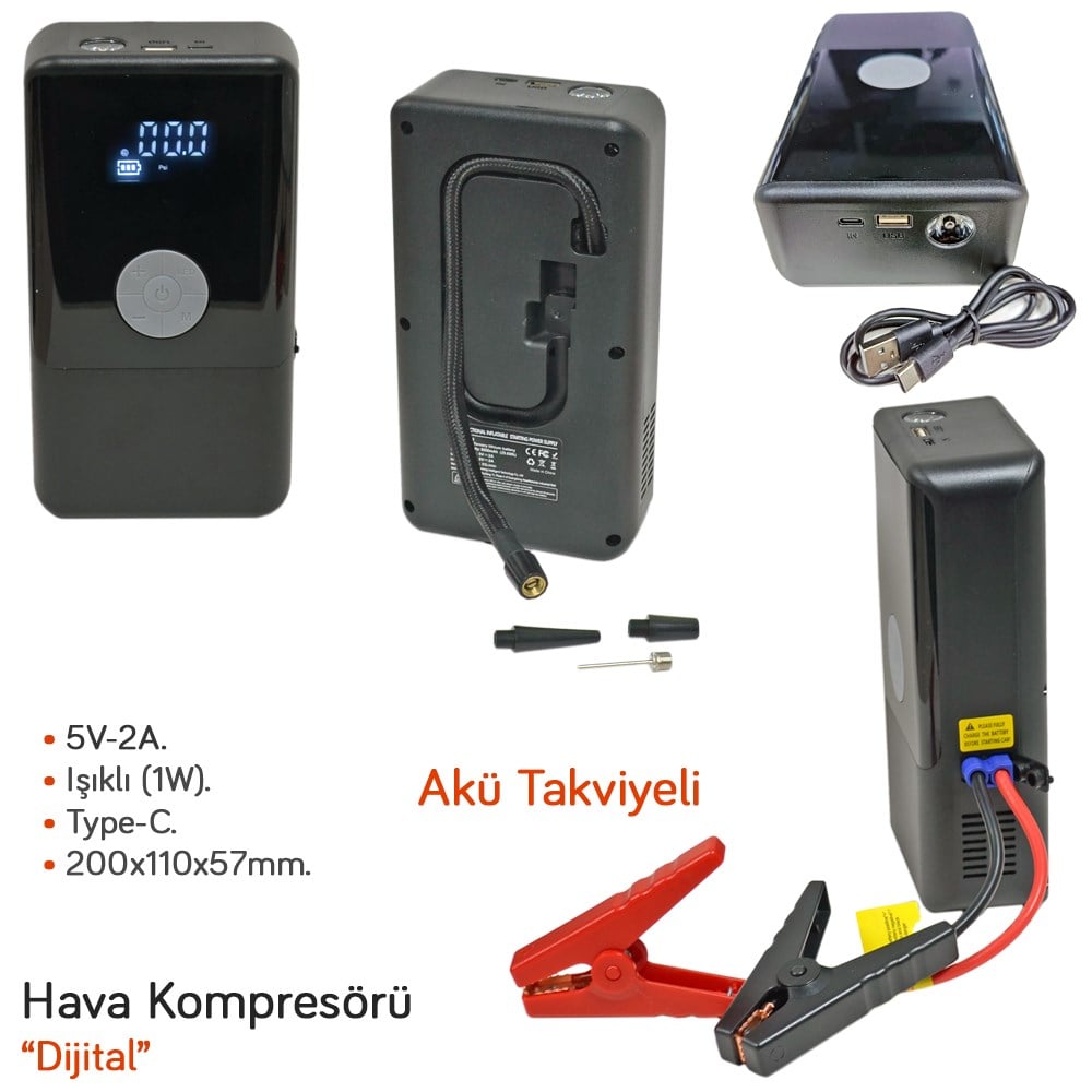 Carub Hava Kompresörü Dijital Işıklı Acil Durum Marş Destekli (Akü Takviyeli) BR0470350