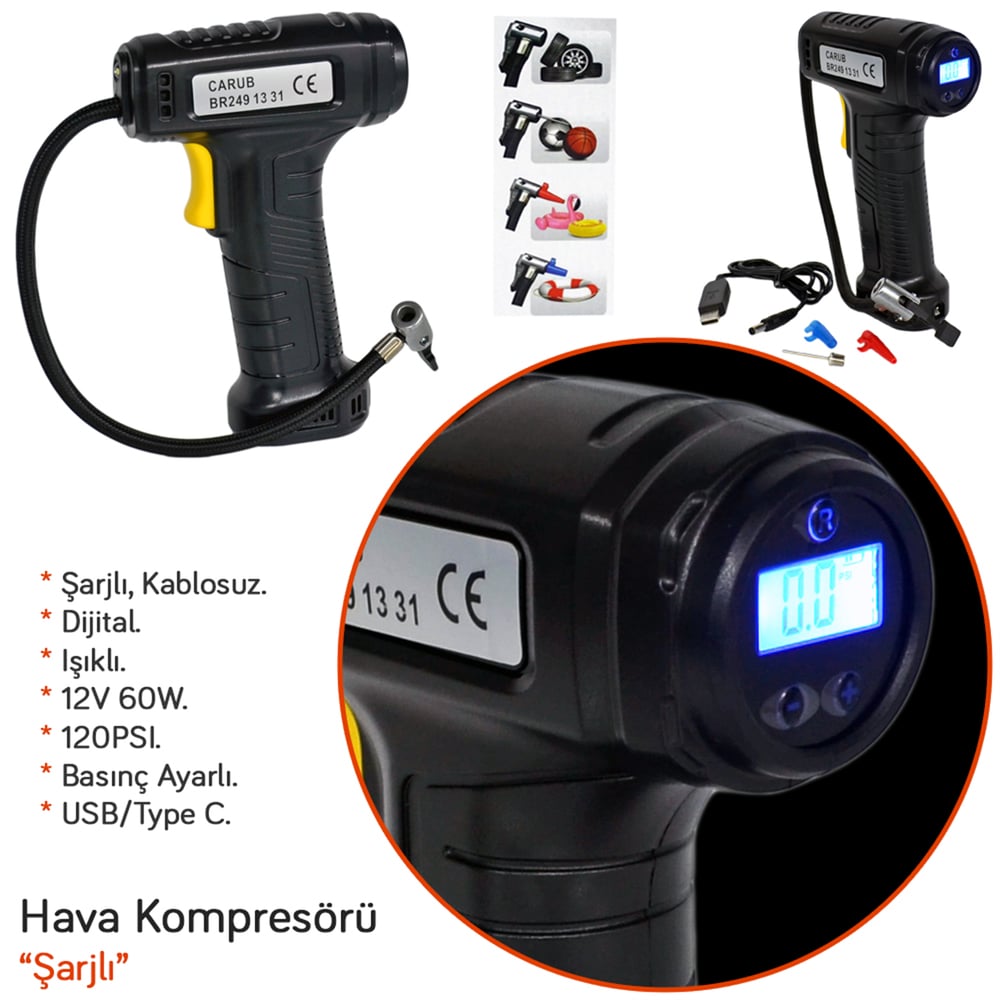 Carub Hava Kompresörü Şarjlı Dijital 12V 60W 120PSI Usb/Type C BR2491331