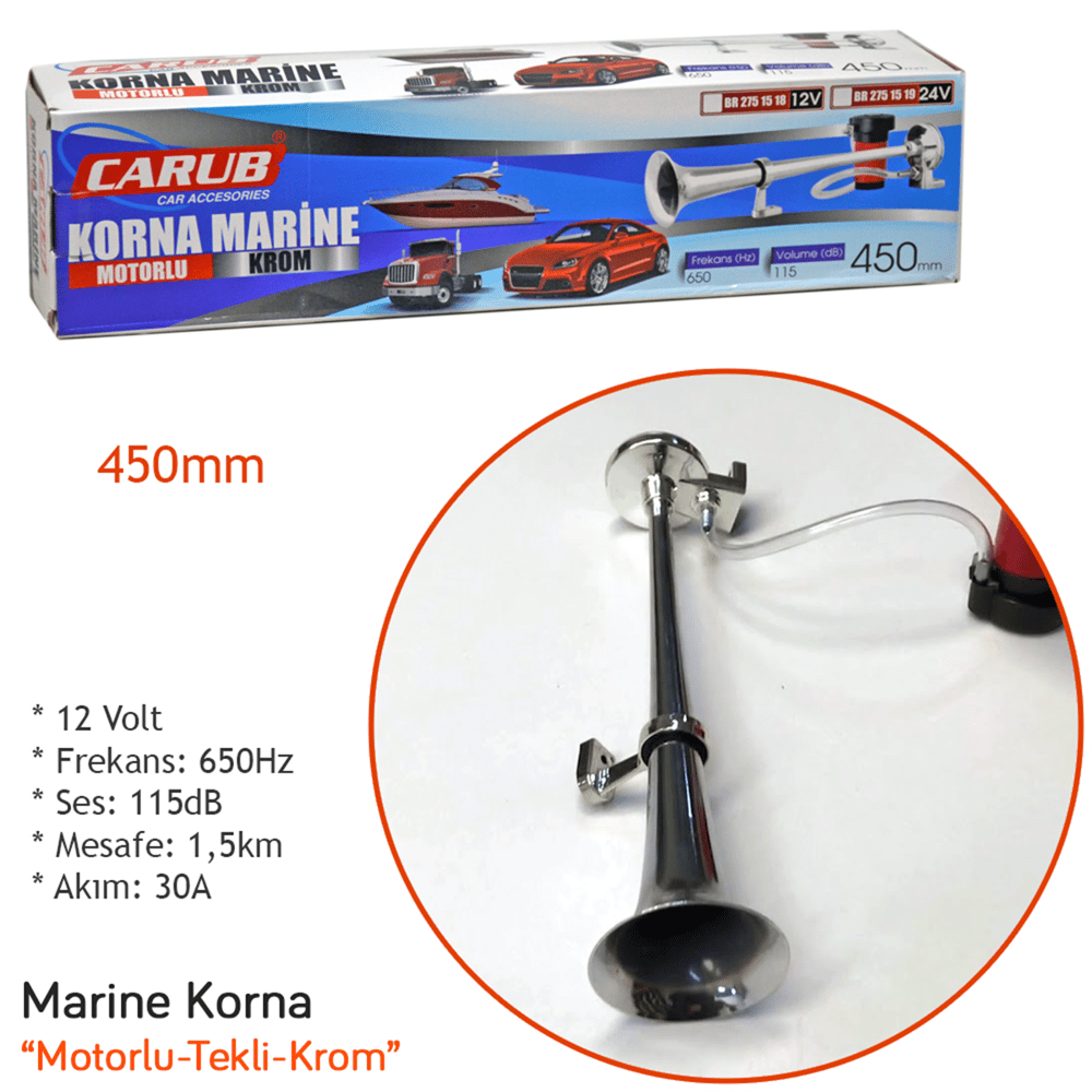 Carub Marine Korna 12V Motorlu Tekli Krom 450 mm BR2751518