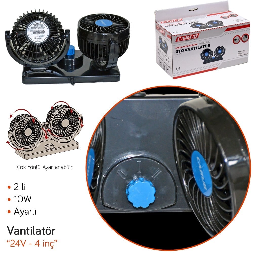 Carub Oto Vantilatör 24V 4 inç 10W Torpido Üstü İkili Fan Ayarlı BR6400609