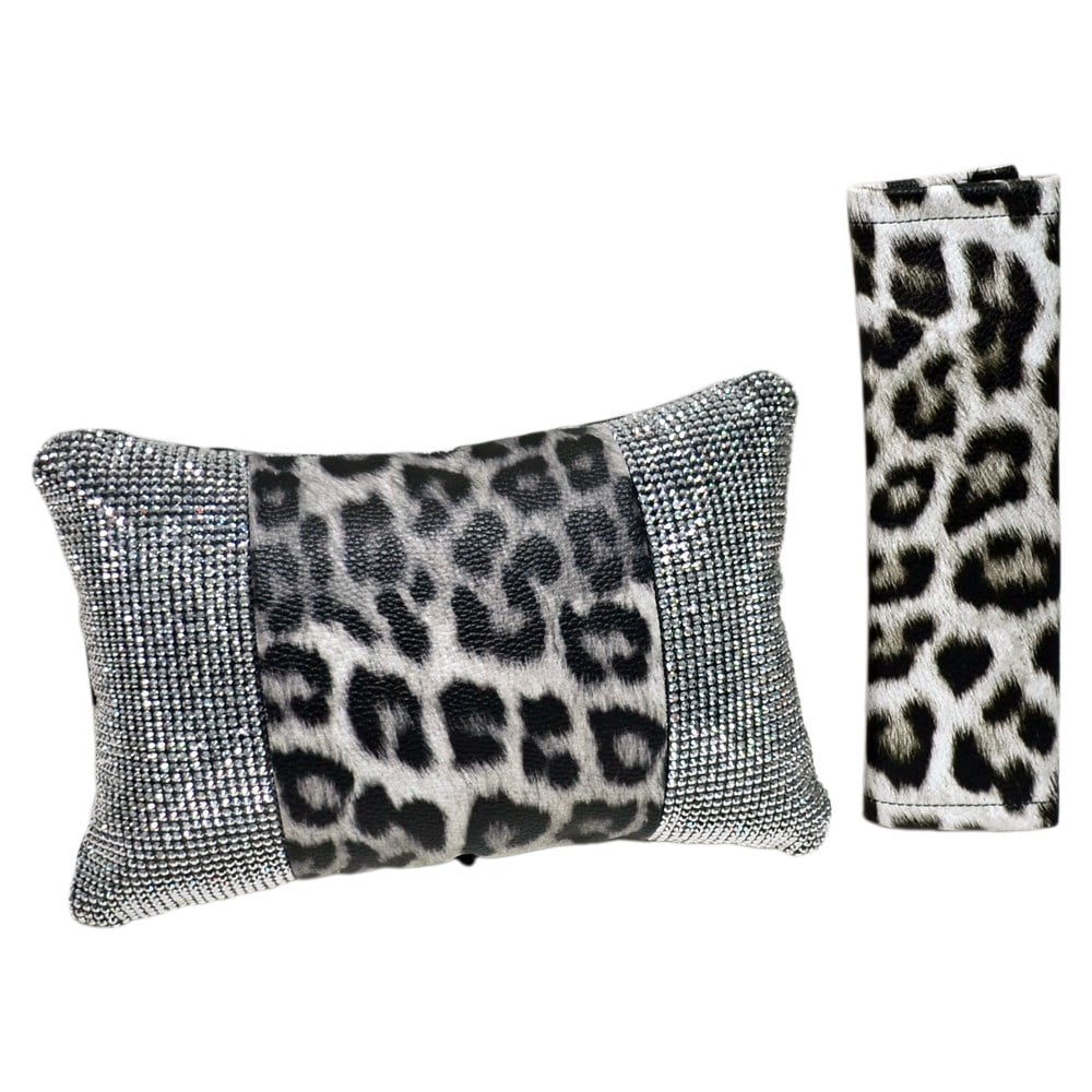 NYF Fox Boyun Yastığı ve Kemer Yastığı Seti Pırlanta Taşlı Leopar Beyaz